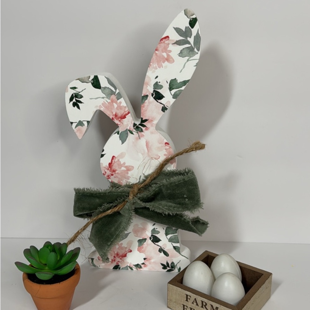 Floral Bunny Decor with Green Bow